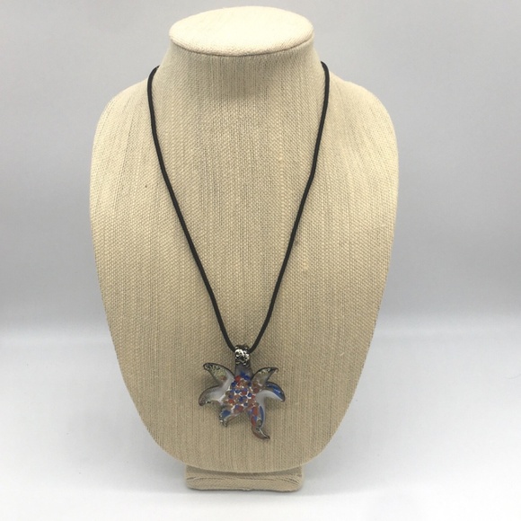 Fashion Necklace with Murano Art Glass Multi-Color Abstract Starfish Pendant - Picture 1 of 3
